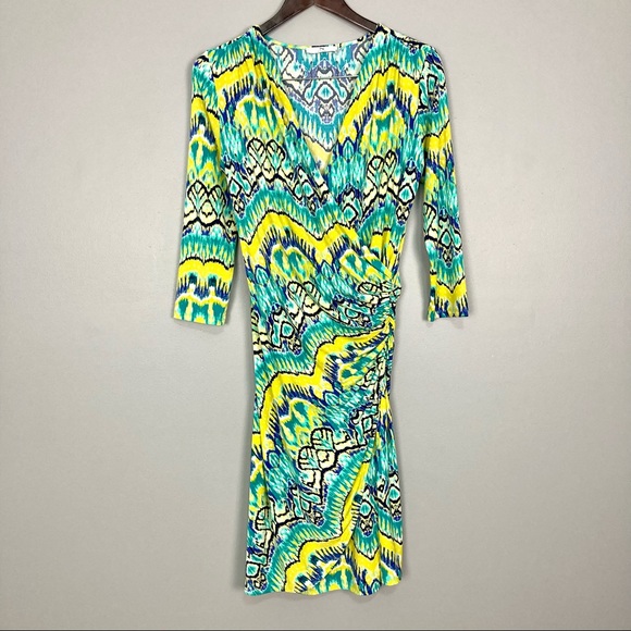 Natori Tribal Print Wrap Dress Women’s Size S Surplice V Neckline Knit Colorful - Picture 1 of 7